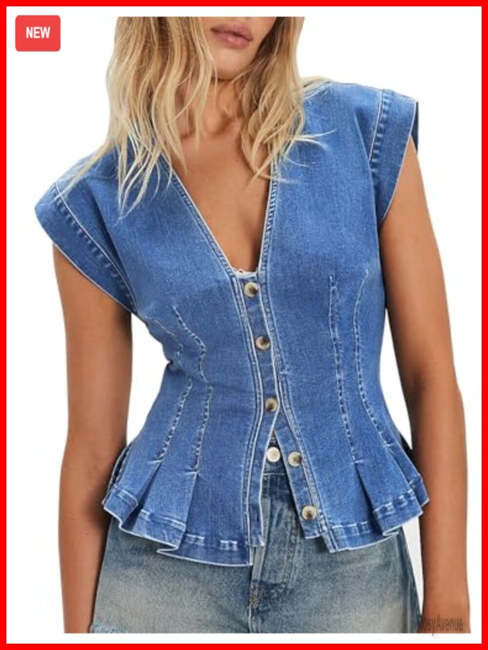 Women's Denim Vest Y2K Pleated Button Down Cropped Jean Vest